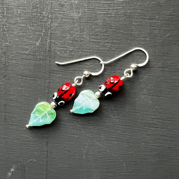 Leaves and Lampwork ladybugs earrings