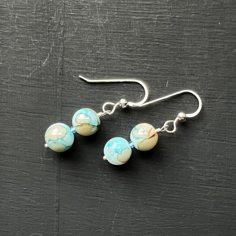 Blue & tan round glass earrings
