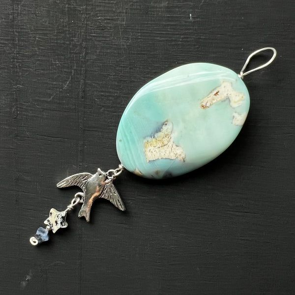 Sky blue agate with Bird Charm pendant