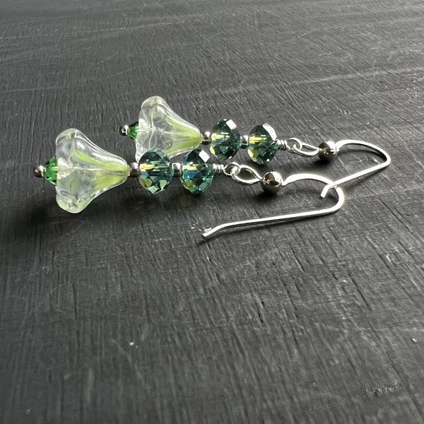 Green Czech glass flowers earrings