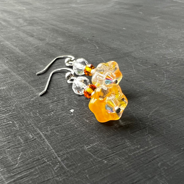 Orange Czech glass flowers earrings