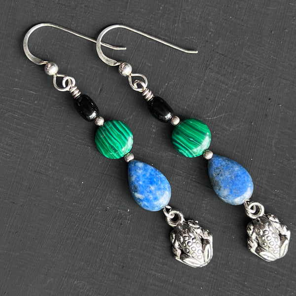 Stone and frog charm earrings