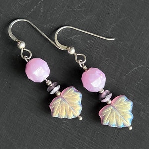 Pink/amethyst-color leaf glass earrings