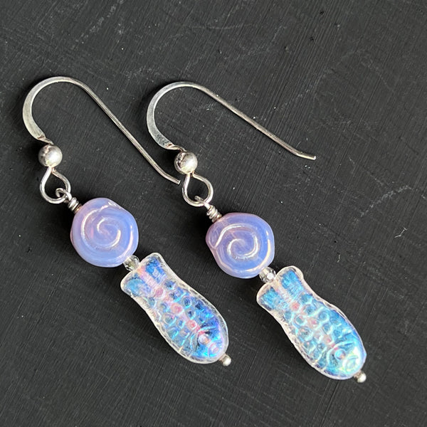 Clear AB fish with purple flat shell-shape glass earrings