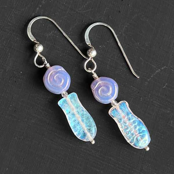 Clear AB fish with purple flat shell-shape glass earrings