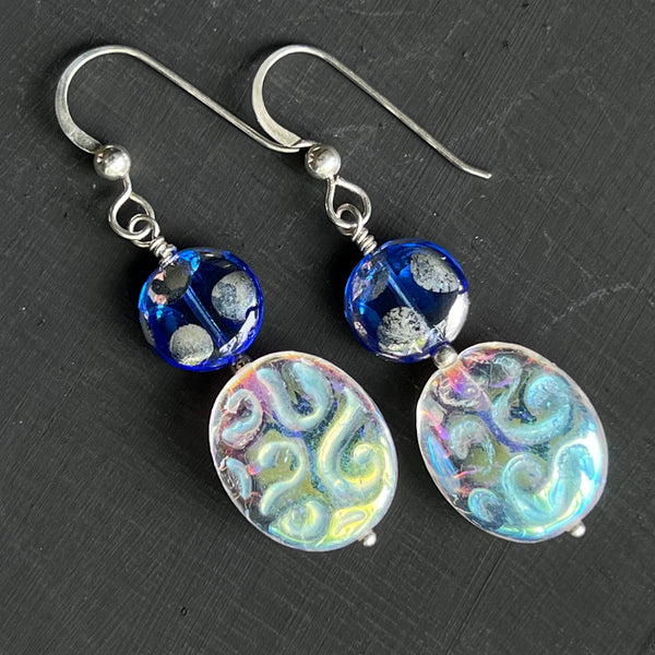 Blue polka-dotted and clear AB glass earrings