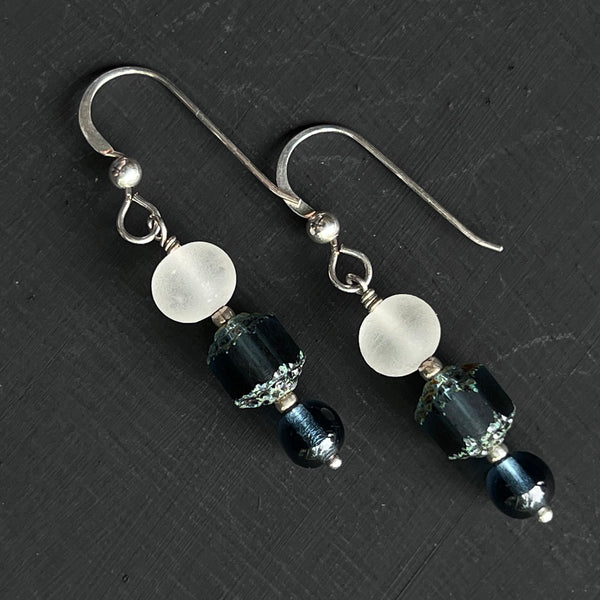 Dark blue and frosted white glass earrings