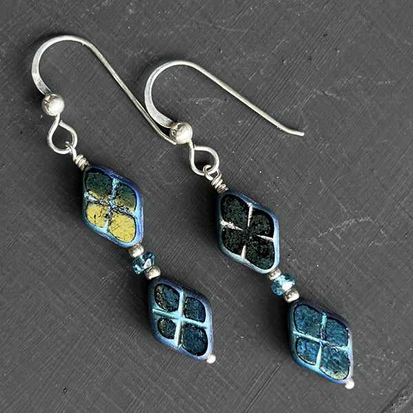 Black diamond-shape with blue coating glass earrings