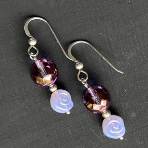 Purple faceted round with spiral-shell glass earrings