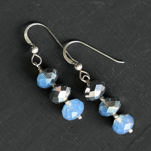 Opaline blue glass rondelles with silver coating earrings
