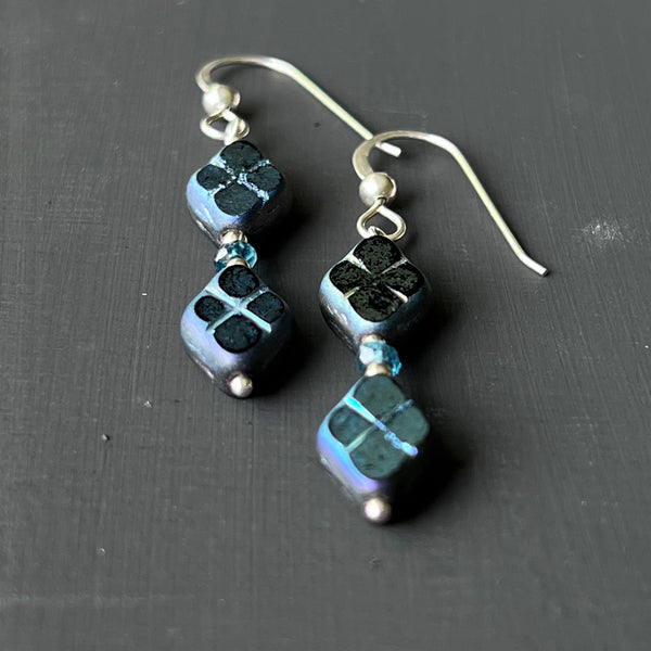 Black diamond-shape with blue coating glass earrings