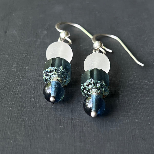 Dark blue and frosted white glass earrings