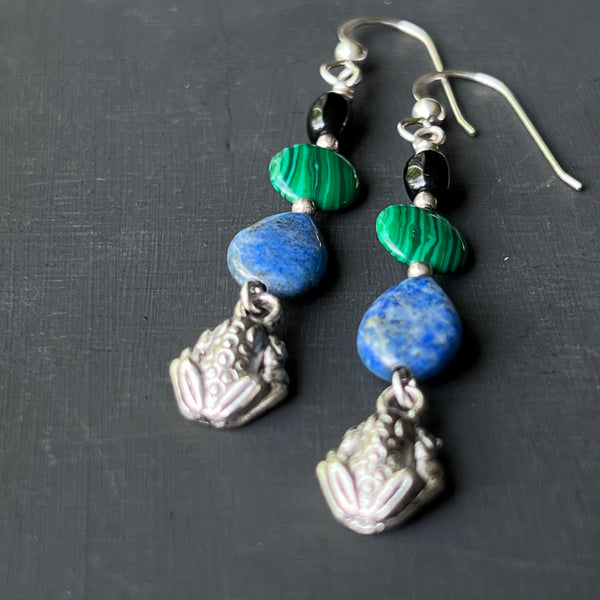 Stone and frog charm earrings