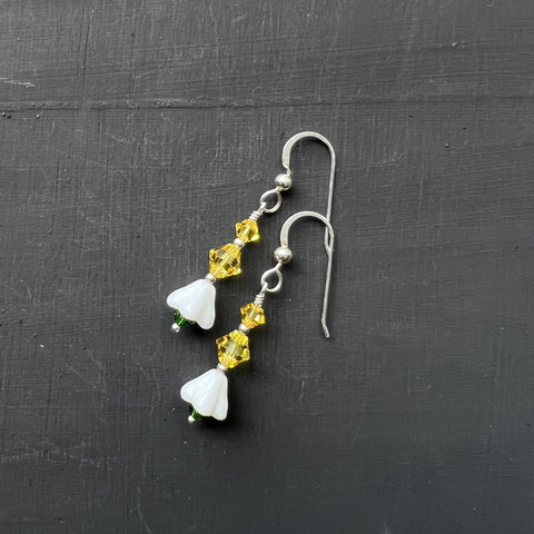 Yellow, green, and white crystals and flowers earrings
