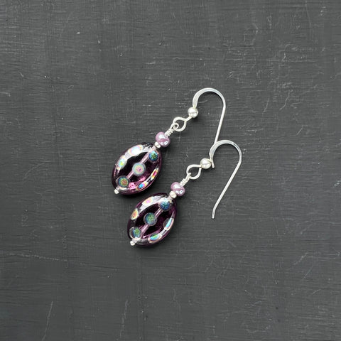 Purple oval with peacock spots glass earrings