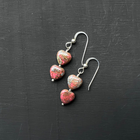 Red Mottled glass heart earrings