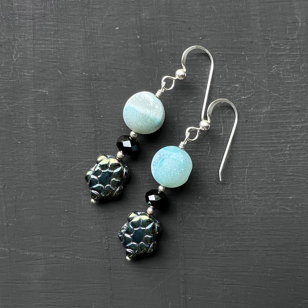 Glass Turtles with Blue Druzy Agate Earrings