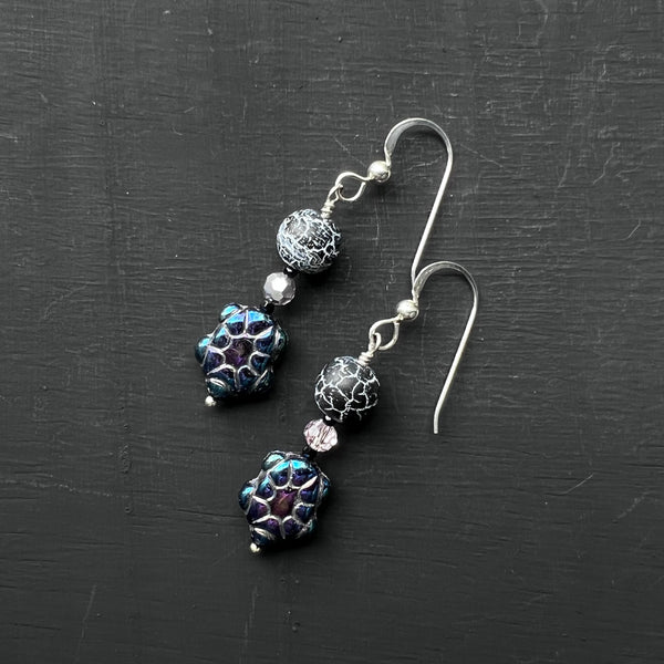 Glass Turtles with Black Stone Earrings