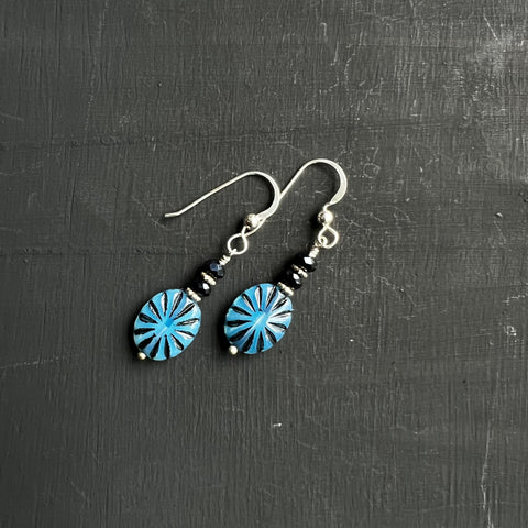 Blue glass ovals with blue/black rondelles earrings