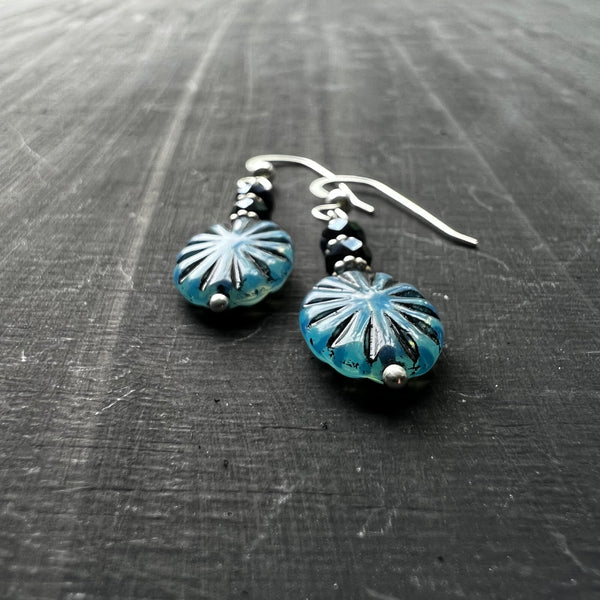 Blue glass ovals with blue/black rondelles earrings