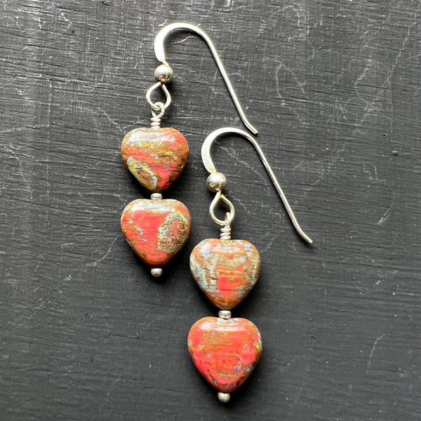 Red Mottled glass heart earrings