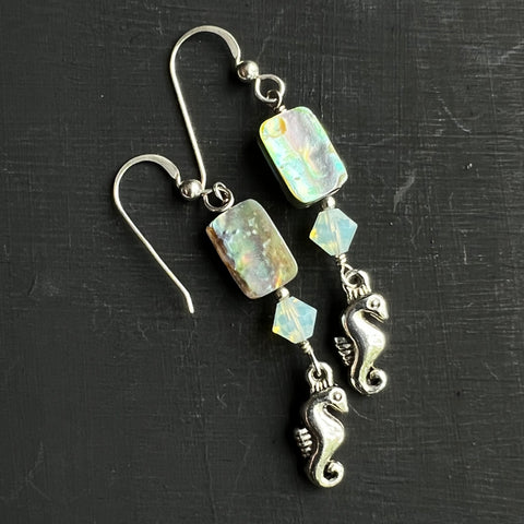 Paua shell, crystal, and seahorse earrings