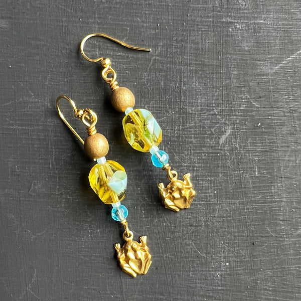 Blue and yellow with gold-tone frog earrings