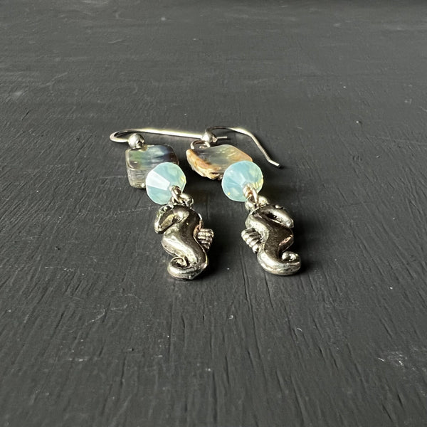Paua shell, crystal, and seahorse earrings