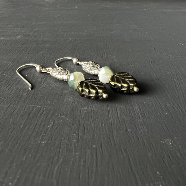 Glass leaves with metal owls earrings