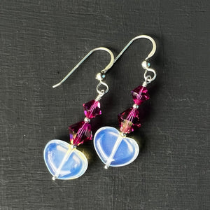 Opalite hearts and pink crystal earrings