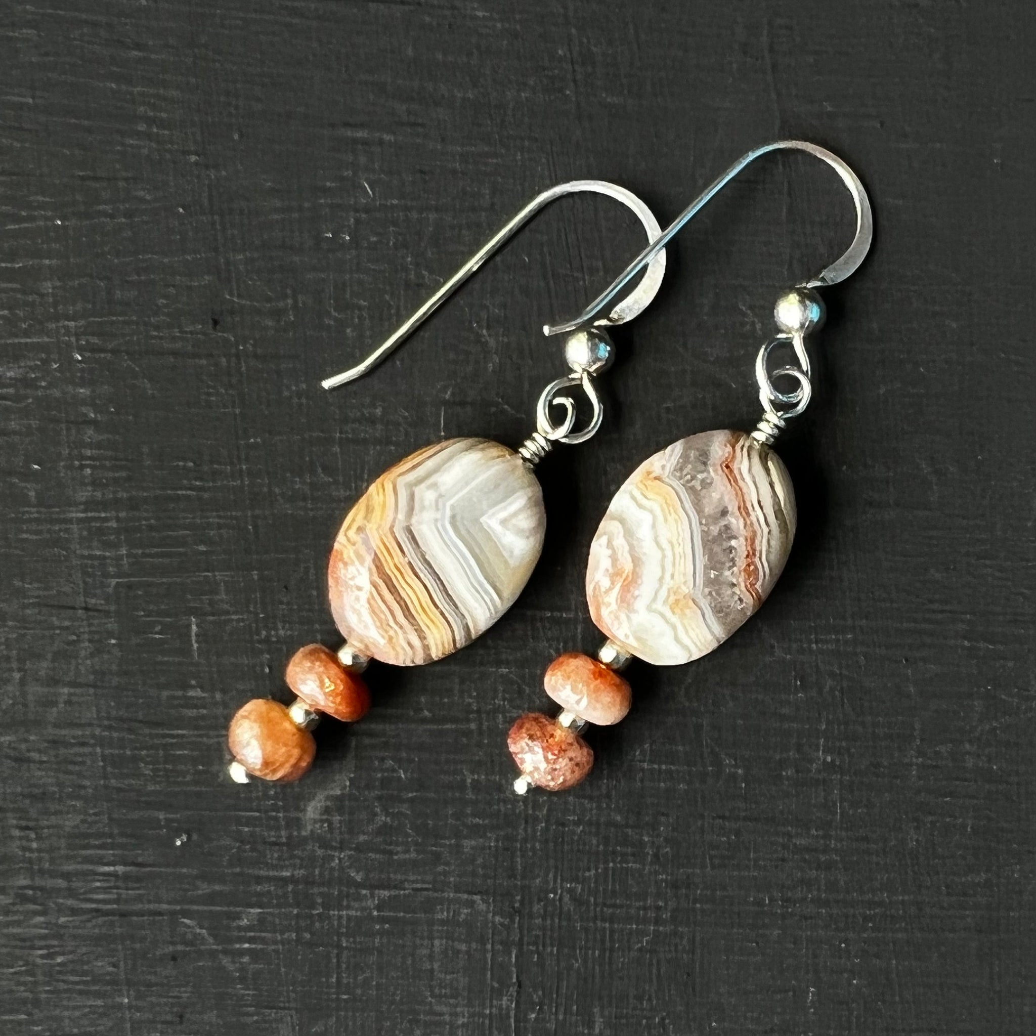 Crazy Lace Agate and Sunstone earrings