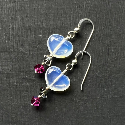 Opalite hearts with pink and grey crystal earrings