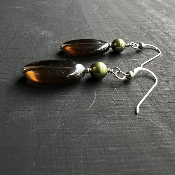 Smokey quartz and glass pearl earrings