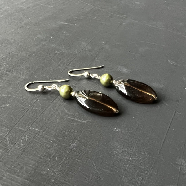 Smokey quartz and glass pearl earrings