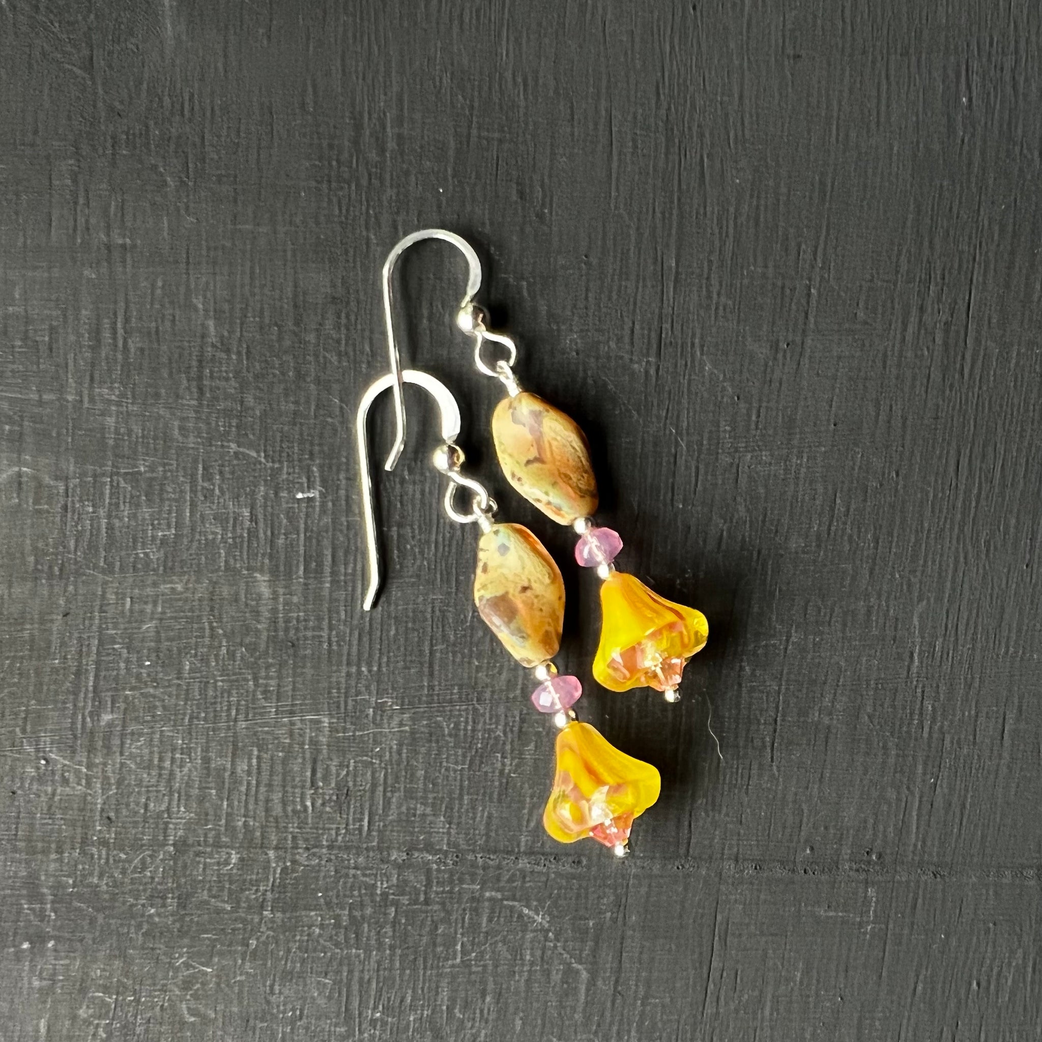 Yellow Czech glass flowers earrings